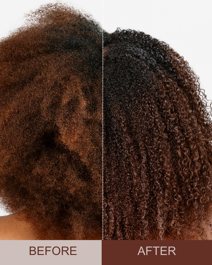 Before and after comparison of a person's hair showing restoration and rehydration for dull, brittle, breaking hair