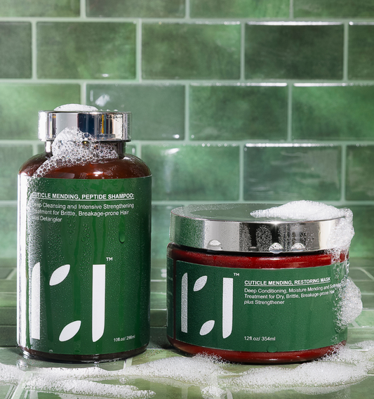 Two natural hair strengthening, anti-breakage treatments, ROOTED REVIVall Cuticle Mending Peptide Shampoo and Restoring Mask sitting on tile counter on washday.